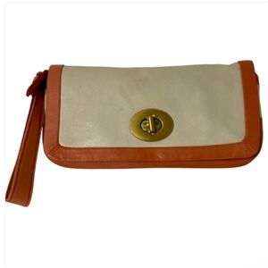 COACH Cricket Y2K Leather Turn Lock Flap Clutch Wristlet White and Coral